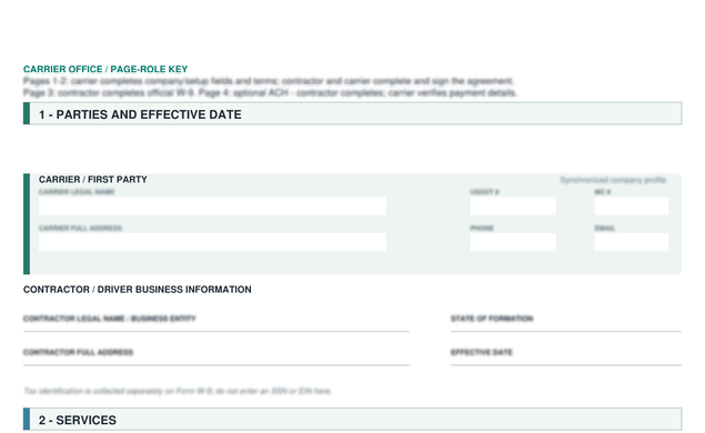 Real title and opening structure from the 1099 contractor onboarding and payment packet