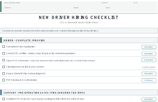 Real title and checklist structure from the CDL-A driver qualification packet