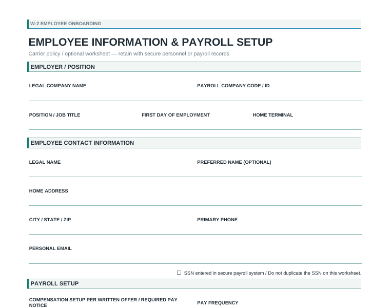 Protected crop of the editable employee information and payroll setup template
