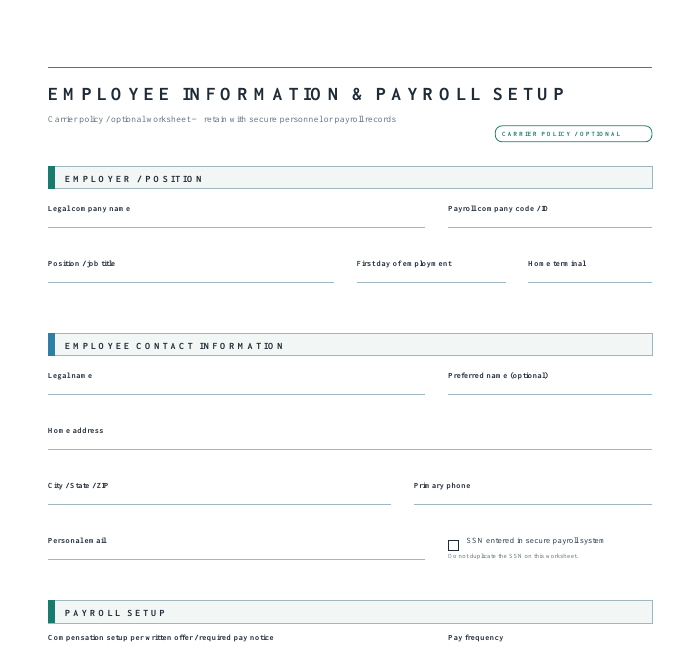Protected crop of one individual employee information and payroll setup form