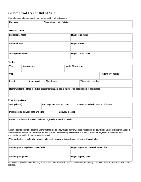 Commercial Trailer Bill of Sale — original upper page detail